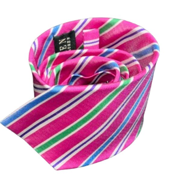 Lauren Ralph Lauren Pink Blue Green Stripe Preppy Academia Heritage 100% SilkTie - Picture 2 of 10